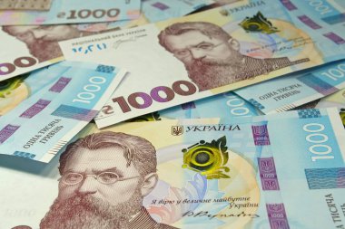 Mavi sarı renkli gerçek Ukrayna kağıt parası. Banknotlar 1000 Hryvnia. Bir mezhebe ait Ukrayna banknotları