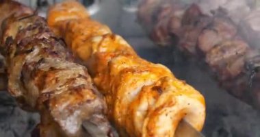 Lezzetli sıcak kebaplar. Şiş kebap ızgarada kızarır. Sıcak kömürden çıkan duman. Et, mangalda sıcak kömürde pişirilir, şiş şişte kızarır.