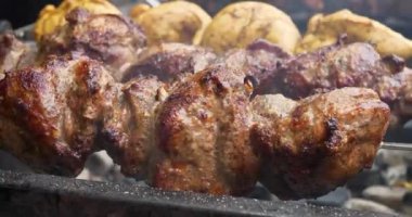 Farklı etli şiş kebaplar tükürükler üzerinde döner.