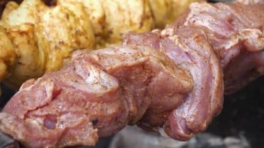 Baharatlı marine edilmiş et tükürükler üzerinde döner. Şiş kebap. Et, ızgarada sıcak kömürde pişirilir. Kızartma için şişte döner. Şiş kebap ızgarada kızarır