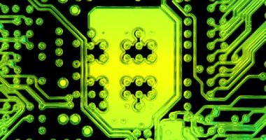 Bilgisayar devre kartının animasyonu. Mikro elektronik bileşenlerin ve bağlantıların detayları. Bilgisayar devre kartının yeşil renkli teknik şemasının animasyonu. Sinema 4K 60fps Uzaklaştırma Görüntüsü