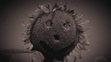 Korkuluk, korkunç ayçiçeği surat. Siyah beyaz 4K video retro tarzı, eski çekim