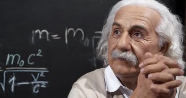BUKOVEL, UKRAINE, ECTOBER 13, 2022: Dünyaca ünlü bilim adamı, teorik fizikçi, Nobel ödüllü, görelilik teorisinin yaratıcısı, masada oturan Albert Einstein. Sinema 4K 60fps video