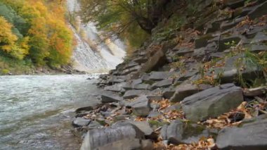 Rocky bank of Prut river in Yaremche city, western Ukraine