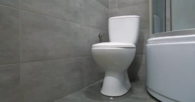 Tuvalet odası içi kapalı kapaklı beyaz klozet, duş kabini ve gri duvar fayanslarıyla dolu.