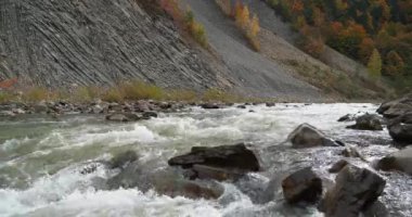 Hızlı akıntılı güzel bir dağ nehri. Prut nehri ve dağ Ukrayna 'nın Yaremche şehrinde katlanır. Sinema 4K 60fps videoyu su gürültüsü ile rahatlatır