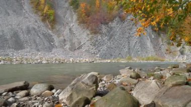 Prut river, autumn trees and geological mountain folds in Yaremche City, western Ukraine