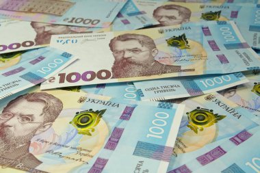 Ukrayna 'nın parası. Maksimum değerde Ukrayna banknotları. Yeni banknotlar 1000 Hryvnia, tertemiz durumda, UNC. Mavi sarı renkli gerçek Ukrayna kağıt parası, UAH