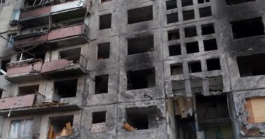 After bombing. Russian terrorists destroyed by shell dwelling house on Obolon district in Kyiv city on March 2022. War in Ukraine. Terror and genocide of Ukrainian people. Russia - terrorist country