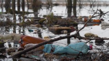 Büyük plastik şişeler ve diğer çöpler göletin kıyısında, çevre kirliliği