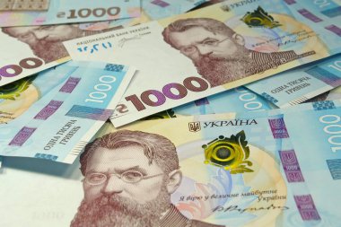 Bir mezhebe ait Ukrayna banknotları. Banknotlar 1000 Hryvnia. Mavi sarı renkli gerçek Ukrayna kağıt parası
