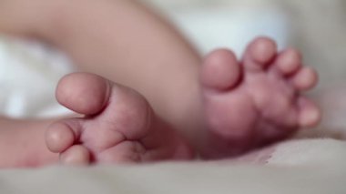 Yeni doğmuş bebeğin ayakları. Üç haftalık neonatal 'ın komik ayakları.