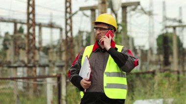 Elektrik santralindeki işçiler akıllı telefondan konuşur. Elektrik santralinde cep telefonuyla çalışan bir elektrik mühendisi.