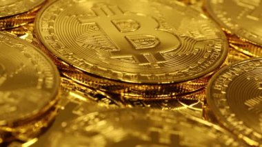 Şifreli para birimi Altın Bitcoin, BTC, Bit Coin. Bitcoin Macro shot 'ı. Engelleme teknolojisi, bitcoin madencilik kavramı