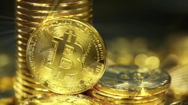 Şifreli para birimi Altın Bitcoin, BTC, Bit Coin. Bitcoin Macro shot 'ı. Engelleme teknolojisi, bitcoin madencilik kavramı