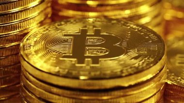 Şifreli para birimi Altın Bitcoin, BTC, Bit Coin. Bitcoin Macro shot 'ı. Engelleme teknolojisi, bitcoin madencilik kavramı