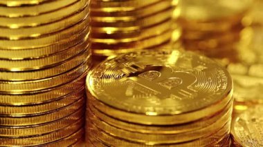 Şifreli para birimi Altın Bitcoin, BTC, Bit Coin. Bitcoin Macro shot 'ı. Engelleme teknolojisi, bitcoin madencilik kavramı