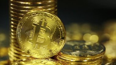 Şifreli para birimi Altın Bitcoin, BTC, Bit Coin. Bitcoin Macro shot 'ı. Engelleme teknolojisi, bitcoin madencilik kavramı