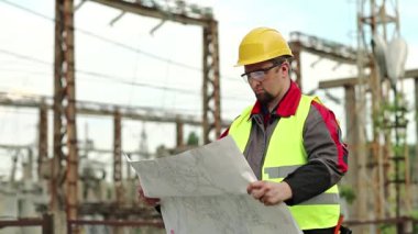 Elektrik santralinde çalışan bir işçi. Elektrik santralinde inşaat belgeleriyle çalışan bir güç adamı. Tasarım çizimleri olan sert şapkalı ana mimar.