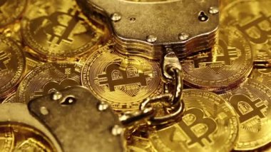 Kelepçeli Bitcoin madencilik konsepti. Engelleme teknolojisi, Kripto para birimi Altın Bitcoin, BTC, Bit Coin