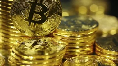 Şifreli para birimi Altın Bitcoin, BTC, Bit Coin. Bitcoin Macro shot 'ı. Engelleme teknolojisi, bitcoin madencilik kavramı