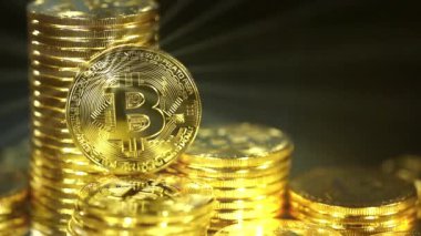Engelleme teknolojisi, bitcoin madencilik konsepti, dönen bitcoin makro atışı. Kripto para birimi Altın Bitcoin, BTC, Bit Coin