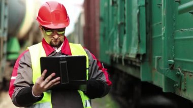 Yük treni terminalinde bilgisayarlı bir demiryolu işçisi. Üniformalı ve kırmızı şapkalı demiryolu işçisi tablet bilgisayarla çalışıyor. Demiryolu çalışanı tabletine notlar alıyor.