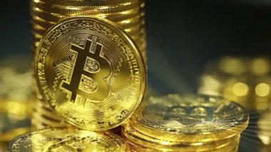 Engelleme teknolojisi, bitcoin madencilik konsepti, dönen bitcoin makro atışı. Kripto para birimi Altın Bitcoin, BTC, Bit Coin