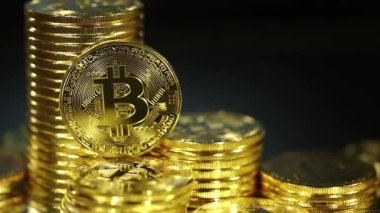 Engelleme teknolojisi, bitcoin madencilik konsepti, dönen bitcoin makro atışı. Kripto para birimi Altın Bitcoin, BTC, Bit Coin