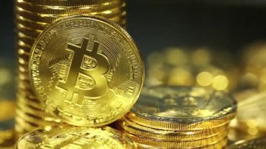 Engelleme teknolojisi, bitcoin madencilik konsepti, dönen bitcoin makro atışı. Kripto para birimi Altın Bitcoin, BTC, Bit Coin