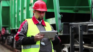 Demiryolu çalışanı tablet bilgisayarla çalışır. Yük treninin yanında tablet bilgisayarı olan bir demiryolu işçisi.