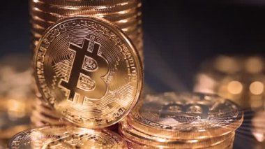 Bitcoin makro atışı. Engelleme teknolojisi, bitcoin madencilik konsepti, kripto para birimi Altın Bitcoin, BTC