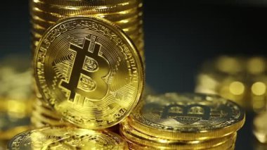 Engelleme teknolojisi, bitcoin madencilik konsepti, dönen bitcoin makro atışı. Kripto para birimi Altın Bitcoin, BTC, Bit Coin