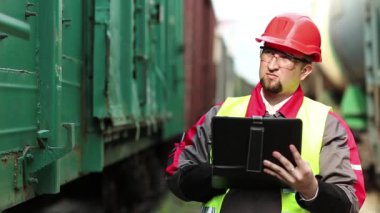 Trenler arasında tablet bilgisayarı olan bir demiryolu işçisi. Yük istasyonundaki demiryolu trafiği müfettişi tabletine notlar alır.