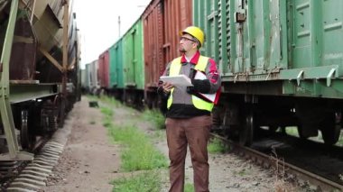 Belgeleri olan bir demiryolu işçisi. Elinde iş planı olan, kasklı bir demiryolu işçisi. Tren istasyonundaki tren trafiği müfettişi not alır. Trenler arasında demiryolu çalışanı