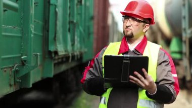 Trenler arasında tablet bilgisayarı olan bir demiryolu işçisi. Yük istasyonundaki demiryolu trafiği müfettişi tabletine notlar alır.