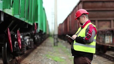 Trenler arasında tablet bilgisayarlı demiryolu işçisi. İş kıyafetleri içindeki demiryolu çalışanı tablet bilgisayarla çalışıyor.