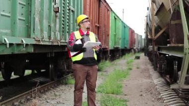 Belgeleri olan bir demiryolu işçisi. Elinde iş planı olan, kasklı bir demiryolu işçisi. Tren istasyonundaki tren trafiği müfettişi not alır. Trenler arasında demiryolu çalışanı