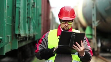 Trenler arasında tablet bilgisayarlı demiryolu işçisi. Tren istasyonundaki tren trafiği müfettişi tablet bilgisayarına not alır.