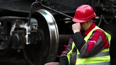 Kırmızı şapkalı demiryolu işçisi yük vagonunun yanında oturur. Demiryolu işçisi, demiryolu işçisi büyük metal tekerleğin yanında oturur.
