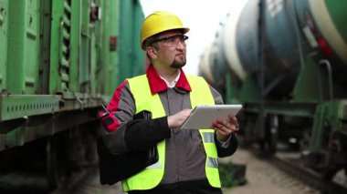 Tren istasyonundaki tren trafiği müfettişi tablet bilgisayarına not alır. Trenler arasında tablet bilgisayarı olan demiryolu çalışanı
