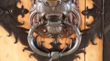 Kapıda Retro stil kapı tokmağı var. Aslan başlı pirinç kapı tokmağı Eski ahşap kapı