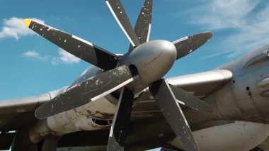 Ukrayna 'nın Kiev kentindeki havacılık müzesinde Zhulyany havaalanı yakınlarında bulunan eski TU-142 VPMK Bear-F Mod 4 Long-Range ASW pervaneli uçağın kanadı. Sovyet havacılık endüstrisi sivil ve askeri uçaklar