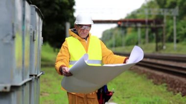 Sarı üniformalı ve elinde kablo şeması olan beyaz şapkalı demiryolu işçisi. Elinde kurulum diyagramı olan bir elektrikçi. Elinde tasarım çizimleri olan sarı üniformalı demiryolu işçisi.