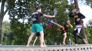 UKRAINE, KIEV, SEPTEMBER 18, 2016: Kiev 'deki Feofania Park' ta düzenlenen üçüncü dövüş sanatları festivalinde dövüş sanatları gösterileri. Etkinlik gençlerin spor hobilerini seçmelerine ve kendilerini hayatta bulmalarına yardımcı olur.