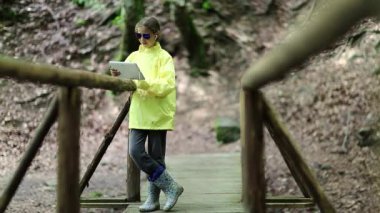 Güzel kız onun tabletindeki fotoğraflara bakar ve göz gezdirir. Sarı ceketli kız köprüde duruyor ve tablet bilgisayar kullanıyor. Beyaz tabletli rüzgarlık giyen kız tahta köprünün üzerinde duruyor.