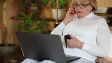 Cep telefonu ve not defteri olan bir iş kadını. Dizüstü bilgisayarı ve cep telefonu olan gözlüklü yaşlı kadın. Akıllı telefonu ve dizüstü bilgisayarı olan bir kadın kanepede oturuyor.