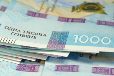 Mavi sarı renkli gerçek Ukrayna kağıt parası. Bir mezhebe ait Ukrayna banknotları