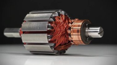 Küçük ev aletlerinin elektrik motorunun pervanesi siyah arka planda dönüyor, yakın çekim.