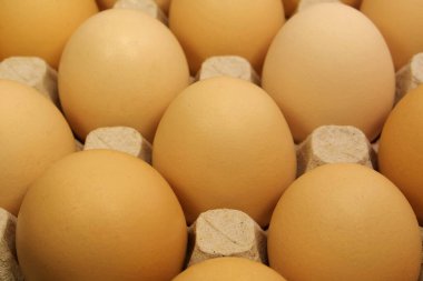 Tepside temiz sarı tavuk yumurtası, üst manzara. Koyu bej tavuk yumurtaları, yakın plan.